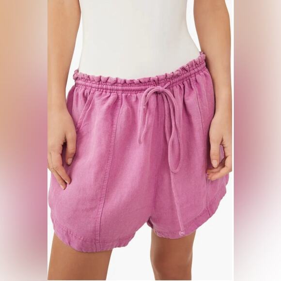 Free People Mirella Linen Blend Drawstring Shorts, Pink Plum, Size Medium - Picture 1 of 9